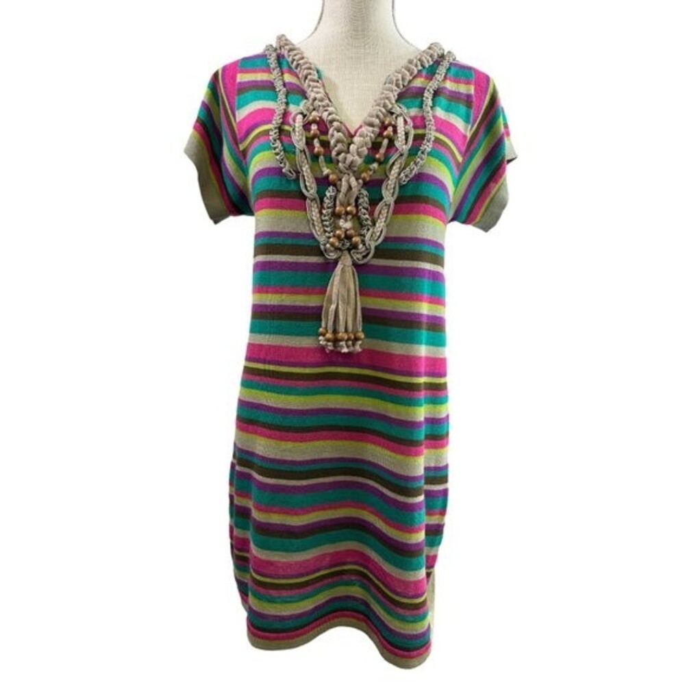 Nanette Lepore Dress Cotton Multicolor Stripe Braided Beaded Sz S Boho Festival